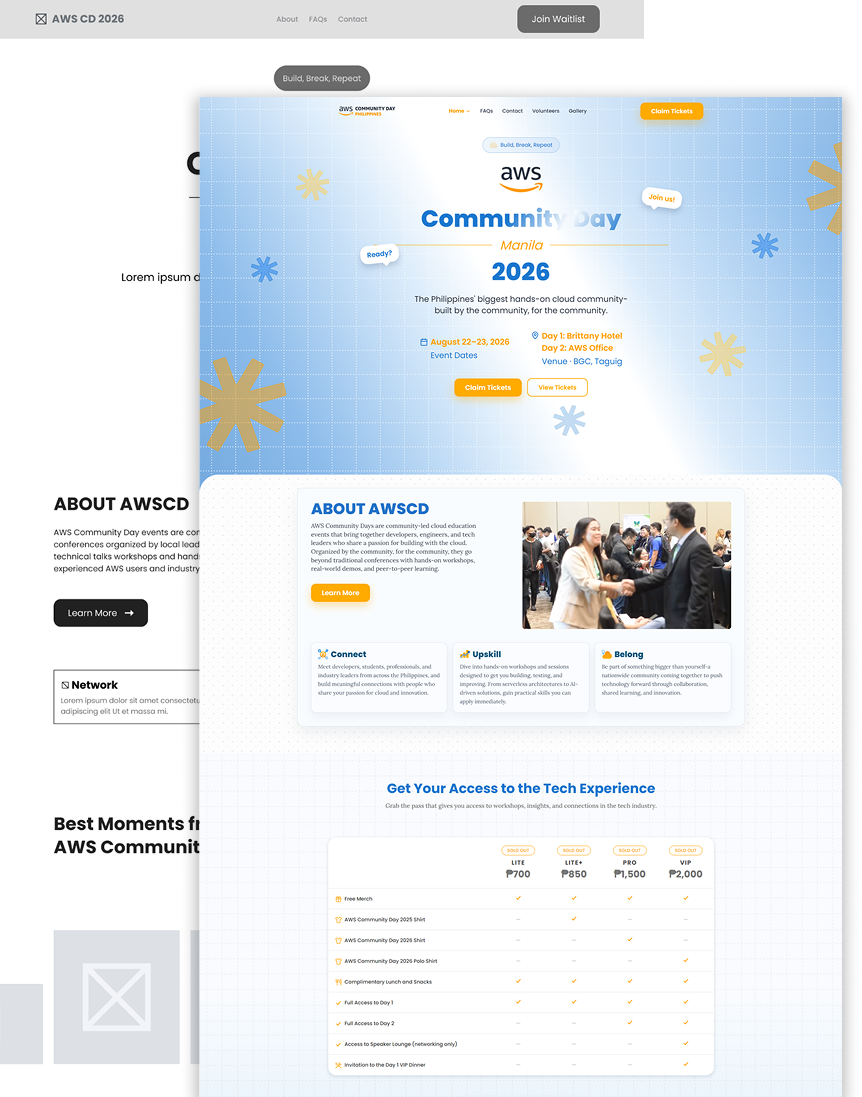 Wireframe to production UI comparison for AWS Community Day Manila 2026