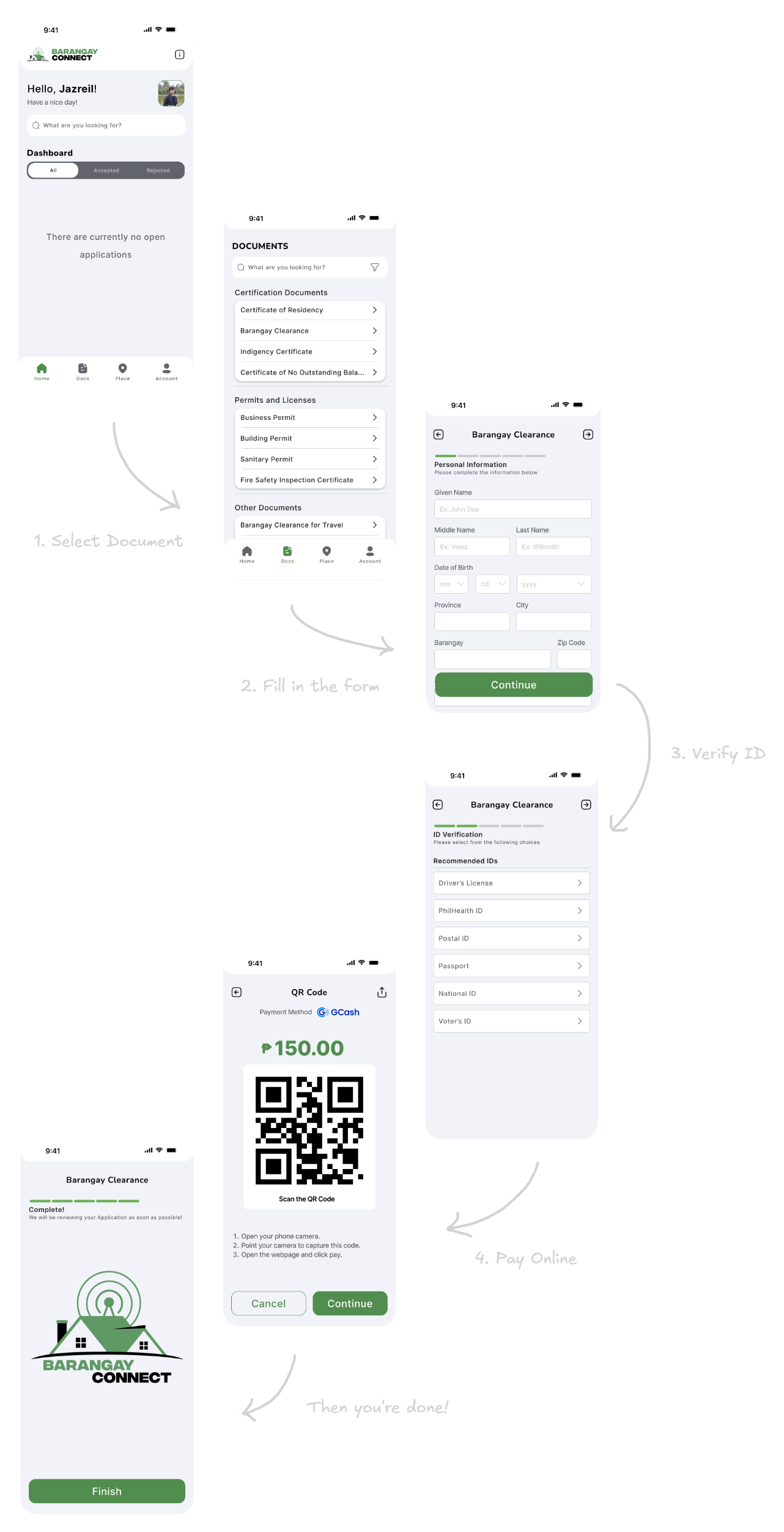 Four-step document application process in BarangayConnect