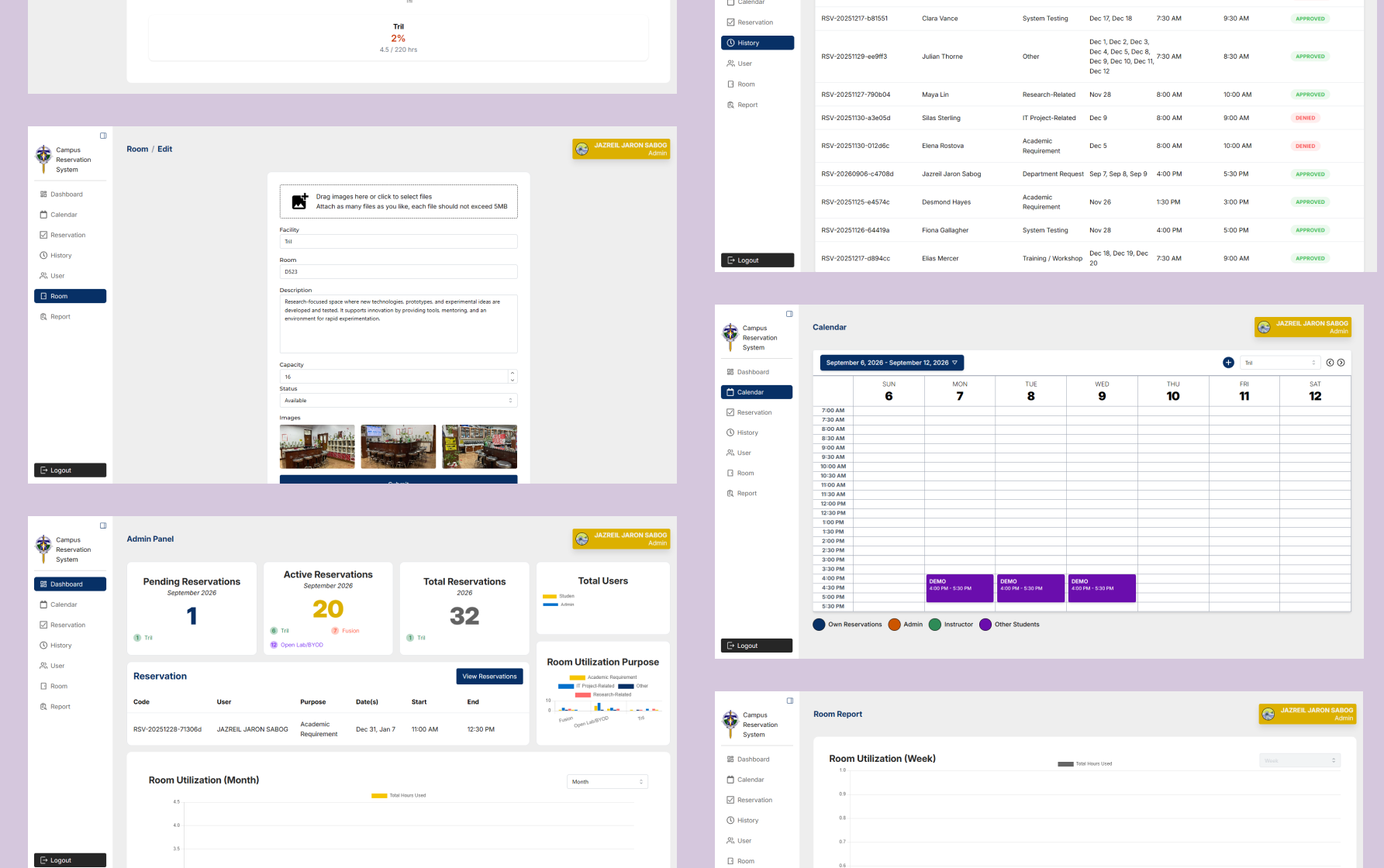 Campus Reservation System admin dashboard showing reservation management and schedule calendar